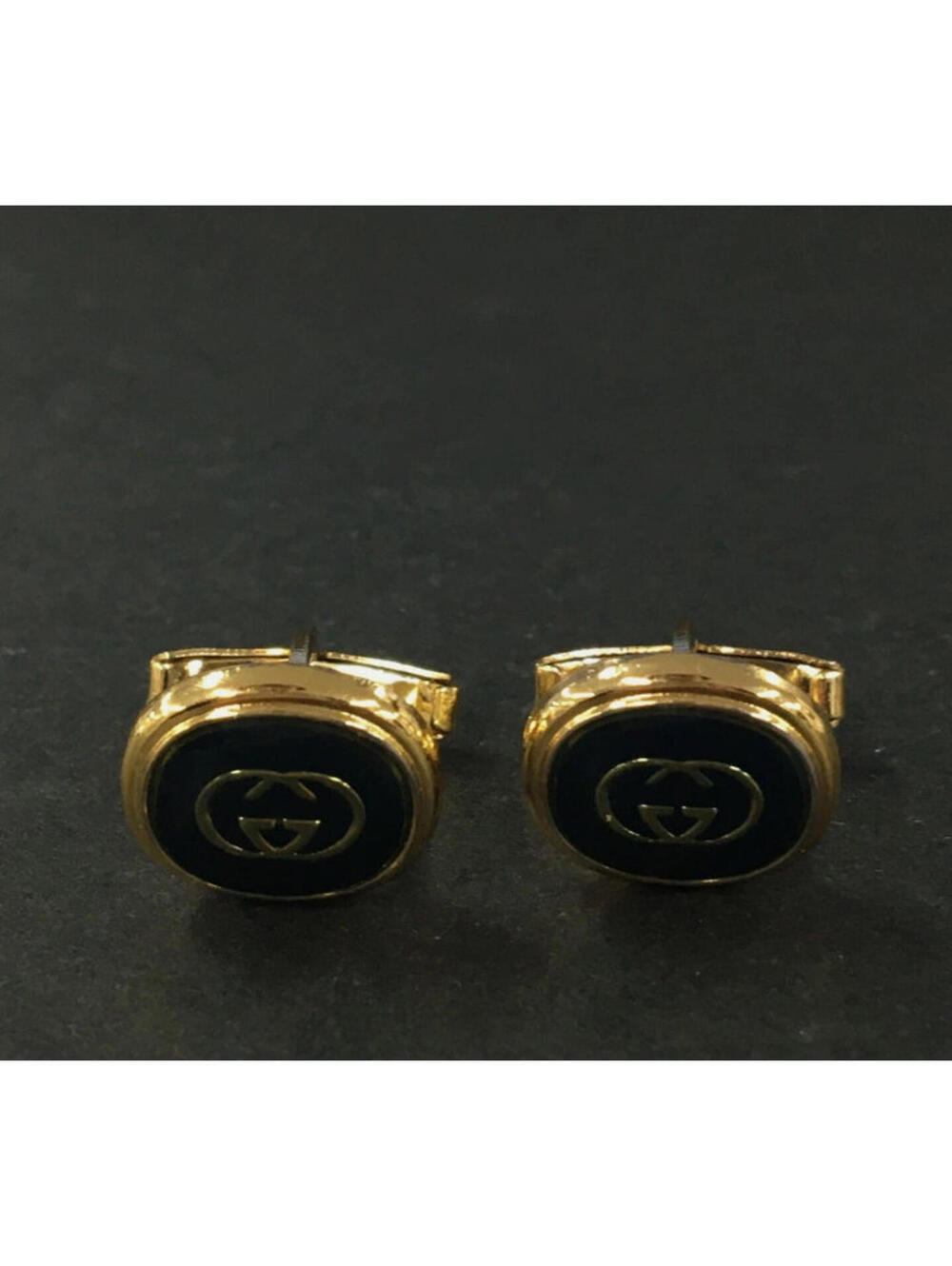 Gucci G Logo Cufflinks Black Gold Tone Interlocking G Men's Cuff Links Oval